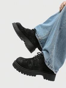 Men's Fashionable Black Thick Sole Lace-Up Casual Dress Shoes, Low-Top Formal Party Vintage Round Toe Elevator Shoes, - Black - View 6