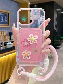 Casing Ponsel dengan Gantungan Kartu dan Motif Bunga 3D Warna-warni, Kompatibel dengan Apple 16 Pro Max/ 15 Pro Max, New 11, 12, Creative 14 Pro/13, Pelindung Lembut, Desain Wanita, Serbaguna - Berwarna merah muda - View 4