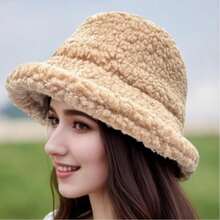 Bucket Hat - Lamb Wool Fluffy Hat, Solid Color Wide Brim Hat, Autumn/Winter Fluffy Hat, Fluffy Hat, Unisex Bucket Hat Autumn Decor