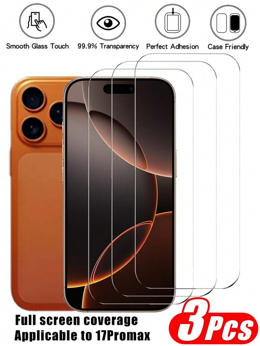 3 buah/Paket Pelindung Layar Transparan Apple Full Screen, Kompatibel dengan iPhone 17 Pro Max, 17, 17 Pro, 17 Air, 16 Pro Max, 16, 16 Pro, 16 Plus, 15 Pro Max, 15, 15 Pro, 15 Plus, 14 Pro Max, 14, 14 Pro, 14 Plus, 13 Pro Max, 13, 13 Pro, 12, 11, Pelindung Layar Kaca Tempered 9H, Penting untuk Perlindungan Layar Ponsel Sehari-hari, Kantor, dan Rumah, Tahan Air, Tahan Guncangan, Anti Jatuh, Anti Gores. - Clear - View 1