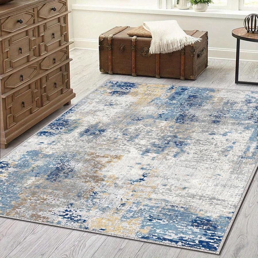 1 件装现代蓝米色抽象图案地毯，柔软防滑可水洗，适用于客厅、厨房、卧室、玄关、迎宾垫、门垫、户外垫、厨房地毯、家居装饰