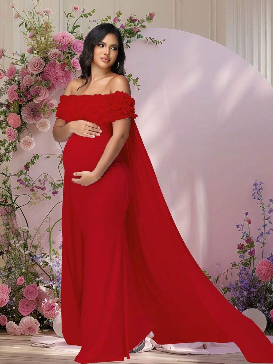 JustVH Maternity Floral Open Shoulder Dress, Suitable For Baby Shower, Mesh Cape-Style Long Dress, Can Be Used As Photography Prop Spring Fall - Burgundy - View 1