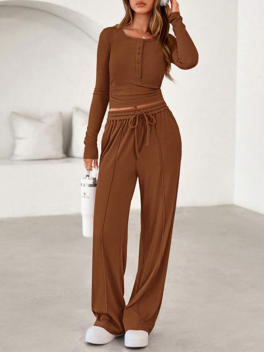 Women's Spring Fall 2 Piece Outfits Lounge Sets Long Sleeve Top Henley Shirts Wide Leg Pants Travel  Sweatsuit Set Women Clothes Home Clothes Going Out Outfits Sports Valentine Vacation Outfit For Women - 棕色 - 查看 1
