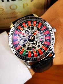 AOKULASIC 1pc Luxury Mechanial Watch For Men Fashion Rotating Design Luminous Hands Leather Strap Business Casual Automatic Men Watches - Silver - View 2