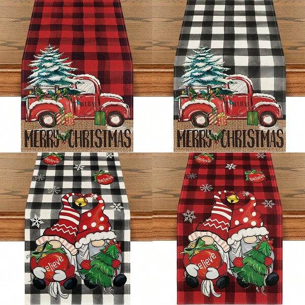 Chemin de table camion de Noël et gnome - Design d'arbre festif en polyester lavable et réutilisable pour tables de fête, décoration de la maison, cadeaux de Noël