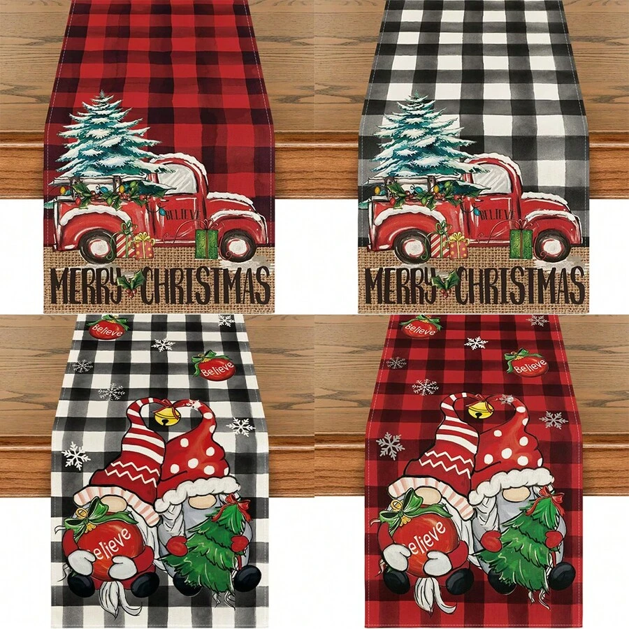 Chemin de table camion de Noël et gnome - Design d'arbre festif en polyester lavable et réutilisable pour tables de fête, décoration de la maison, cadeaux de Noël