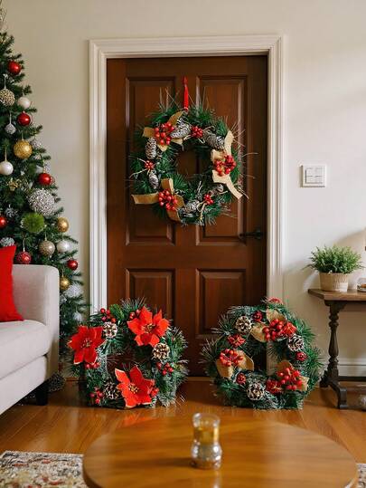 1 件圣诞花环适用于前门圣诞节艺术装饰感恩节室内户外家居装饰花环雪花红花松果水果叶雪花花环墙壁窗户门花环圣诞派对装饰
