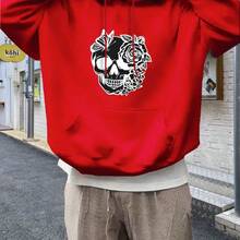 Oversized Men's Gothic Skull Rose Print Hoodie - Heavy 100% Casual Pullover, Loose Street Style With White Gothic Design, Machine Washable Four Seasons Fashion (Black And White Contrast) - Suitable For Concerts And Daily Wear - Black - View 6
