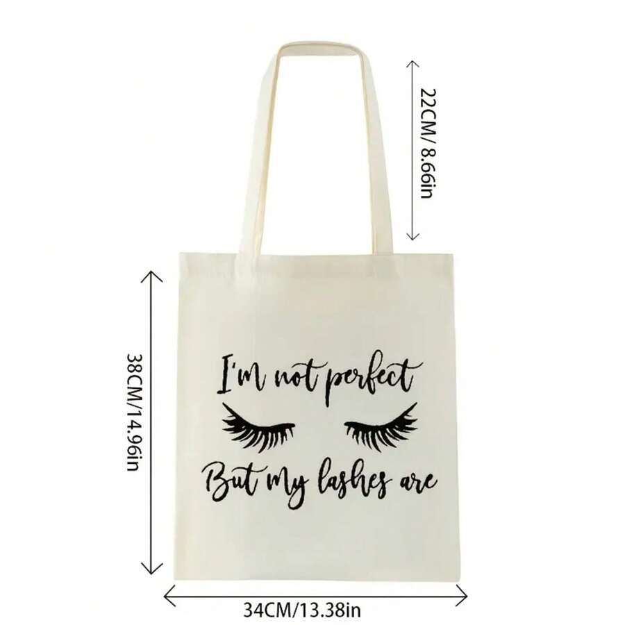 Women's Large Makeup Bag - Funny "I'm Not Perfect But My Lashes Are" Beauty Tote With Eyelash Design, Spacious Open-Top Cosmetic Organizer For Travel, Weddings, Everyday - Lightweight Gift For Makeup Lovers, Brides, Best Friends - Beige, Cute Makeup Bag, Wedding Accessory, Playful Design, Foldable Design, Versatile Accessory, Travel Essential - 米色 - 查看 1