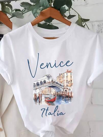 Women's 180g White Cotton Crew Neck Short Sleeve T-Shirt With Elegant Venice Italia Print – Stylish And Comfortable Graphic Tee For Casual Wear, Perfect Gift For Travelers And Italy Lovers, Breathable Fabric For Daily Fashionistas