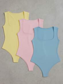3-Piece Basic Bodysuit, Square Neckline, Wide Straps, Versatile Shapewear, Casual, Suplex, Fashion, Gringa Blogger - 黃色-粉紅色-藍色 - 查看 1