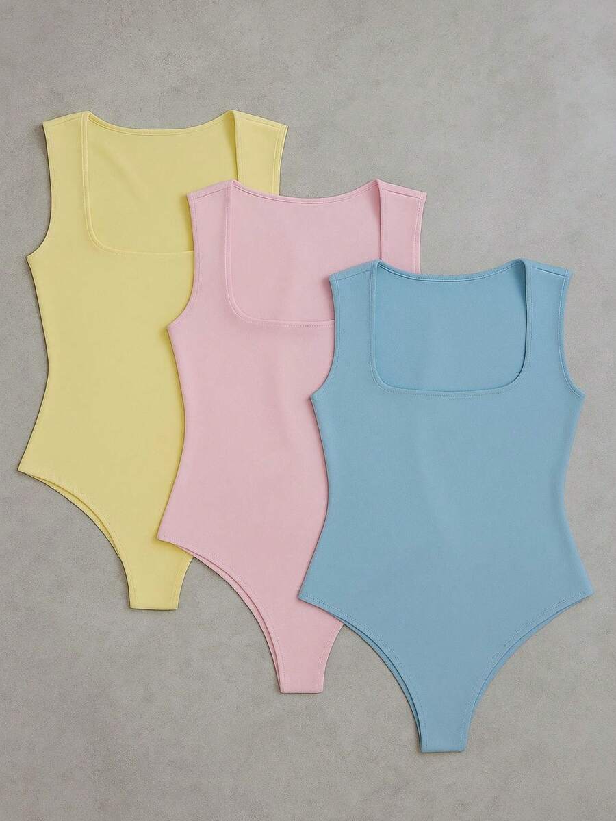3-Piece Basic Bodysuit, Square Neckline, Wide Straps, Versatile Shapewear, Casual, Suplex, Fashion, Gringa Blogger - 黃色-粉紅色-藍色 - 查看 1