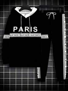 ZhuYa 时尚拼色条纹格子拼布和“PARIS”字母图案加大码男士连帽衫套装，休闲运动两件套，宽松加大码，舒适街头运动衫 + 慢跑裤，秋冬 - 彩色 - 查看 2