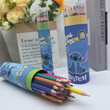Conjunto de Lápis de Cor com Tema do Stitch em Balde - 12/36 Cores, Design Fofo de Desenho Animado do Stitch, Lápis de Colorir Premium para Crianças e Adultos
