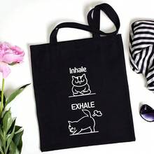 [Variation In Color Is A Normal Craftsmanship Phenomenon, Not A Defect]Cute Cat Handbag Cat Theme Tote Bag, Ideal Gift For Friends, Birthday, New Year, Inhale Exhale Printed Handbag Large Capacity  Simple Style Durable Tote Bags For Outdoor Picnic, Party, Traveling, Shopping - Black - View 2