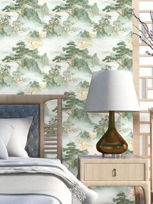 1 Roll 1m/3m/5m Vintage Mountain, Tree, Natural Landscape Chinese Landscape Style Wallpaper, Removable And Self-Adhesive Contact Paper, Vinyl Wallpaper, DIY Home Decor, Room Background, Bedroom, Kitchen, Living Room, Bathroom, Cabinet, Table & Chair, Furniture Renewal Cover - Multicolor - View 8
