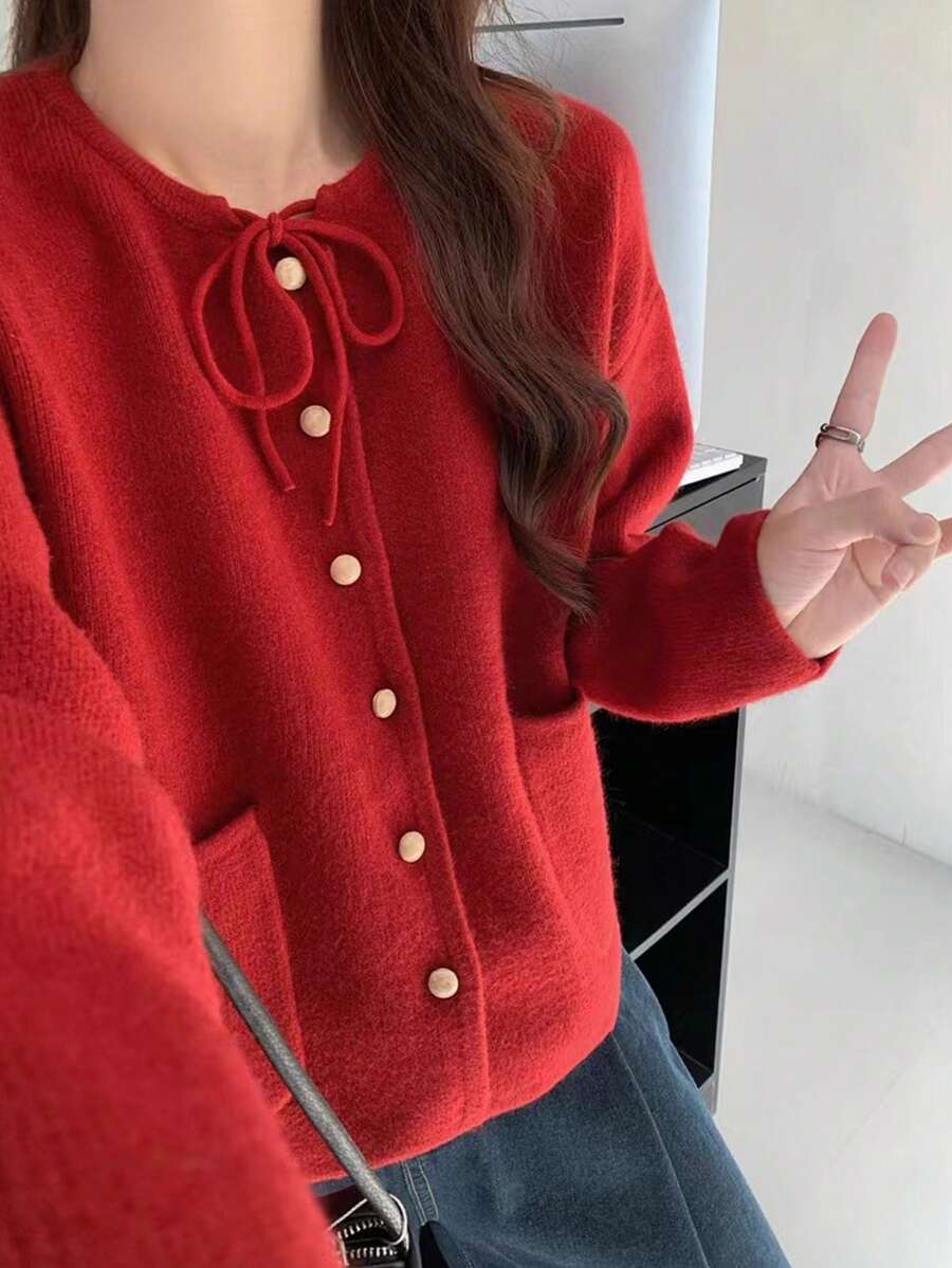 女士秋冬柔软韩版系带蝴蝶结厚款宽松开衫毛衣 - 紅色 - 查看 1