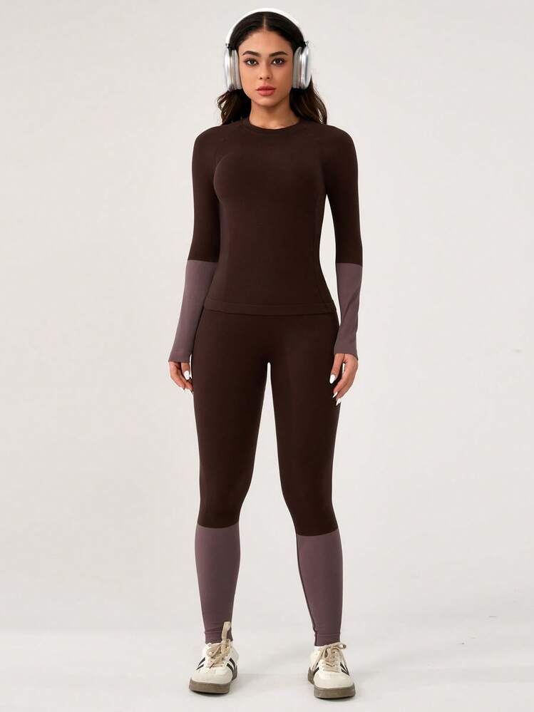 Leorrey 1 Set Women Seamless Comfortable Casual Round Neck Lifting Shaping Fitness Workout Running Outdoor Long Sleeve Top And Pants Sports Suit Ski Outfits - Coffee Brown - View 9