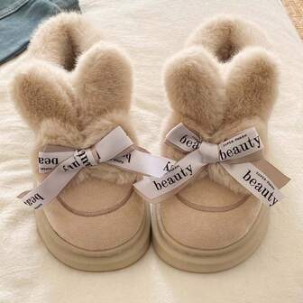 新款女士毛绒拖鞋，户外穿着，厚衬里，蝴蝶结封闭式鞋头，舒适防滑，冬季保暖