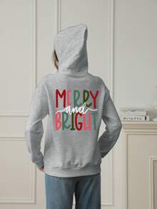 女士冬季字母印花长袖抽绳卫衣，带口袋，休闲宽松多功能节日风格上衣，秋季女装，冬季女装时尚，适合日常穿着。 - 深花灰 - 查看 1