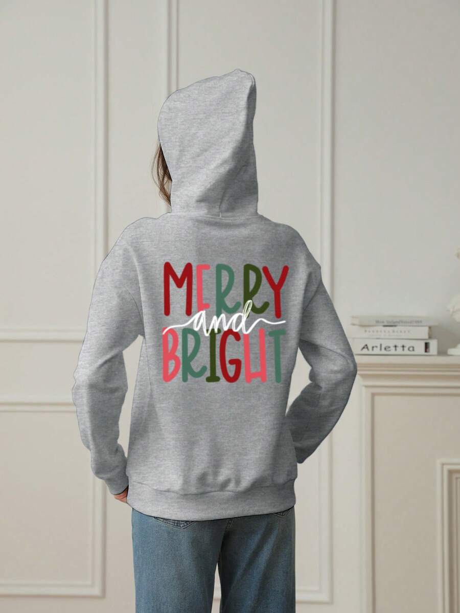 女士冬季字母印花长袖抽绳卫衣，带口袋，休闲宽松多功能节日风格上衣，秋季女装，冬季女装时尚，适合日常穿着。 - 深花灰 - 查看 1