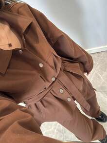 女士休闲商务装，女式职业套装，四粒扣假口袋衬衫配腰带，法式简约休闲装 - 巧克力棕 - 查看 3