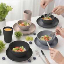 16/32pcs Kitchen Wheat Straw Large Size Dinnerware Set, Service For 4/8, Unbreakable Modern Dish Set-Dinner Plate/Dessert Plate/Cereal Bowl/Cup, Lightweight Tableware, Perfect Camping And Everyday Use - Gradient Grey - 查看 2