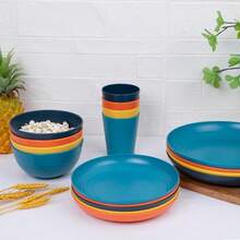 16/32pcs Kitchen Wheat Straw Large Size Dinnerware Set, Service For 4/8, Unbreakable Modern Dish Set-Dinner Plate/Dessert Plate/Cereal Bowl/Cup, Lightweight Tableware, Perfect Camping And Everyday Use - Autumn Colorful - 查看 4