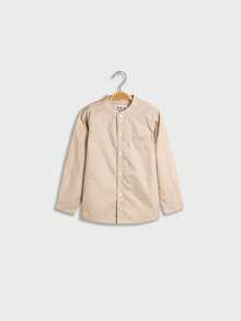 小男孩简约白色圆领长袖衬衫，百搭返校装，四季皆宜 - 卡其色 - 查看 15
