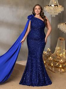 Faeriesty Curve Plus ELegant Sequin Off-Shoulder Mermaid Evening Gown With Organza-Trimmed Shoulders | Luxe Formal Design | Perfect For Weddings, Galas, Award Ceremonies, And Black-Tie Events - Royal Blue - View 3