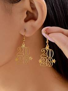 1 Pair Of European And American 2026 New Year Earrings Creative Geometric Hollow Fashion Simple Digital Earrings Earrings For Women - Gold - View 2