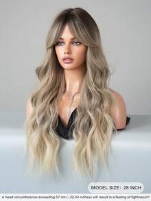 7JHH WIGS 灰金色假发长卷发假发带窗帘刘海深色发根耐热合成发色渐变波浪假发适合女士日常派对使用 28 英寸 - 漸層 - 查看 5