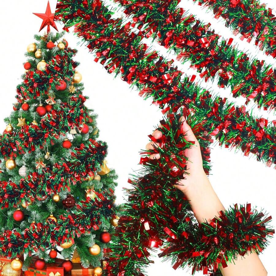 13/32FT Christmas Tinsel Garland Xmas Metallic Tinsel Twist Garland Glitter Christmas Tree Hanging Wreath Decor For Christmas Tree Decorations, Holiday Home Indoor Outdoor Party Supplies Staircase Railing Banister Indoor Outdoor Ornament Home Decor Christmas Decorations Room Decor Winter