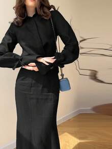 女士优雅单排扣长袖上衣和纯色铅笔裙两件套，通勤装 - 黑色 - 查看 7