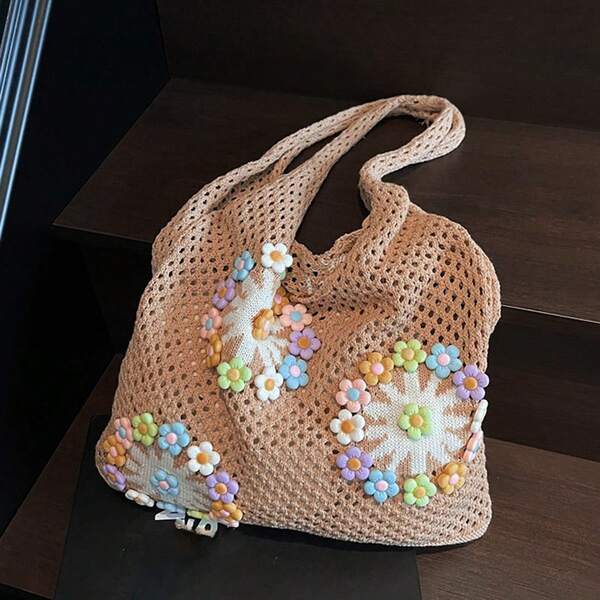 Crochet Tote Bag For Women Retro 3D Flower Travel Beach Purse Lightweight Shoulder Bag
