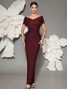 Off-Shoulder Bandage Knit Bodycon Dress, Sexy European Style, Suitable For Family Gatherings, Parties, Banquets - Burgundy - View 1