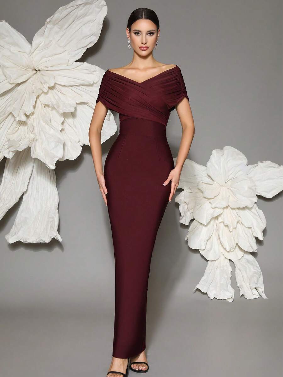 Off-Shoulder Bandage Knit Bodycon Dress, Sexy European Style, Suitable For Family Gatherings, Parties, Banquets - Burgundy - View 1