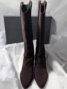 Giày bốt cao đến giữa bắp chân, mũi nhọn, gót nhọn, da lộn, khóa kéo bên hông, kiểu dáng chữ V ôm vừa vặn, đa năng, tuyệt đẹp, phù hợp cho nữ, giày bốt cao đến giữa bắp chân, giày bốt ống rộng, mùa thu, mùa đông, mùa thu, giày bốt gót mèo, dự tiệc - màu nâu - Xem 3