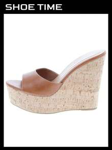 Women's Platform Wedge Slide Sandals – Open Toe Slip-On High Heel Mules With Cork Design - Tan - View 2