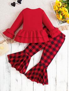 Red Plaid Flared Pants Girls Outfits, Fashionable Girls Tracksuit Sets, Round Neck Long-Sleeved Plaid Flared Pants Two Pieces Set Girls Coord Set