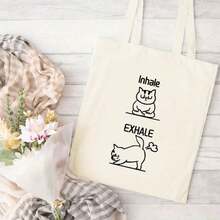 [Variation In Color Is A Normal Craftsmanship Phenomenon, Not A Defect]Cute Cat Handbag Cat Theme Tote Bag, Ideal Gift For Friends, Birthday, New Year, Inhale Exhale Printed Handbag Large Capacity  Simple Style Durable Tote Bags For Outdoor Picnic, Party, Traveling, Shopping - Black - View 8