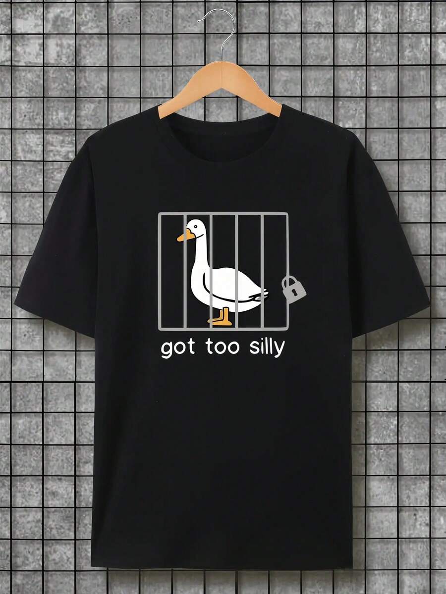 Men's "Got Too Silly" Humorous Goose Cage Graphic T-Shirt - White Casual Short Sleeve Summer Tee With Full-Body Print, Machine Washable Round Neck Top For Adults, Everyday Clothing, Cartoon Design, Regular Fit Shirt - màu đen - Xem 1