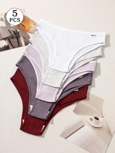 5pcs Briefs Panties Ribbed Knickers Women's High Elastic Underpants Panty Solid Color Underwear Letter Design Lingerie Low-Waist