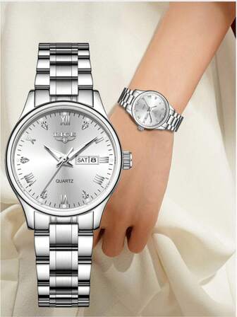  LIGE Women's Light Luxury Brand Quartz Watch Fashionable Exquisite Watch Waterproof Luminous Watch Calendar Window Design Accurate Time Stainless Steel Strap Watch Women