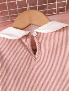 2pcs/Set Baby Girls Casual Solid Color Ribbed Heart Embroidery Peter Pan Collar Long Sleeve Top + Solid Color Ribbed Pants, Comfortable & Versatile Outdoor Outfit, Autumn/Winter - Pink - View 4