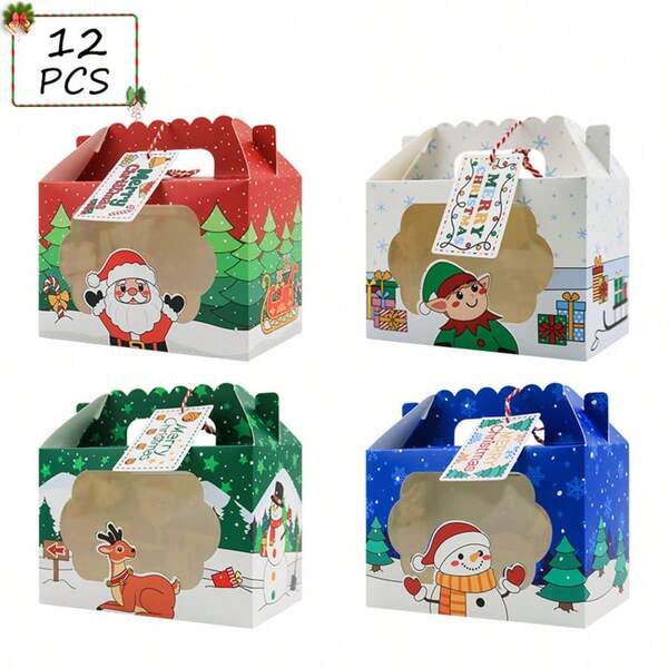 12 PAQUETES de bolsas de regalo navideñas con ventanas y etiquetas, cajas de regalo de papel navideñas con 4 diseños surtidos para fiestas navideñas y de Navidad