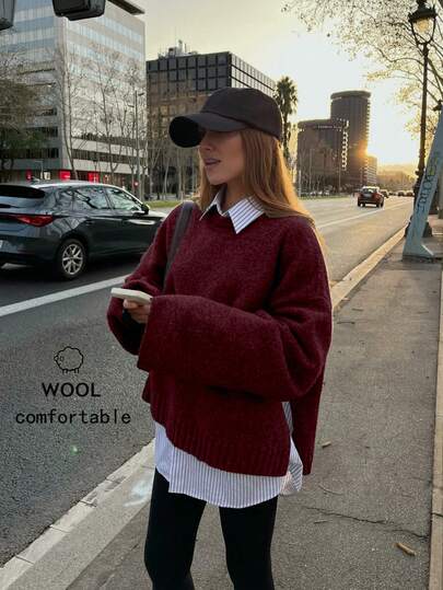 Senya Women's Autumn And Winter Crew Neck Long Sleeve Lightweight Knitted Wool Sweater, Side Slit Straight Sleeve Design Sweater Top, Daily Commuter Versatile Knitted Pullover,New Year