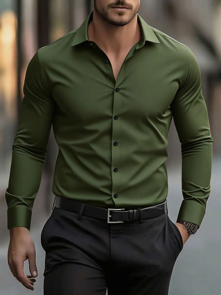 Men Solid Color Long Sleeve Formal Shirt With Button Design, Fall