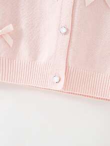Girls' Cute Solid Color Knitted Cardigan With Bow, Casual Round Neck Long Sleeve Sweater Jacket, Autumn/Winter - Baby Pink - View 7