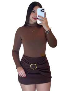 Shorts Set With Buckle And Long Sleeve Bodysuit With High Neck, Elegant And Casual, Nightclub Party - 鏽棕色 - 查看 3